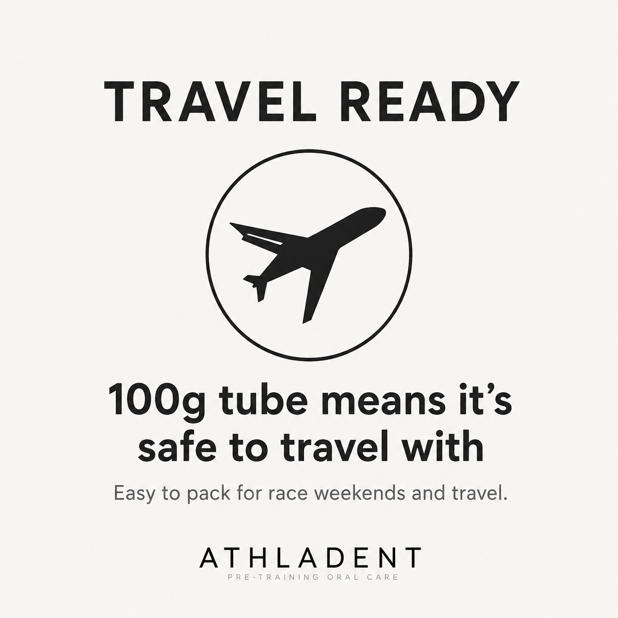 Athladent advertisement for travel-ready dental care product with airplane icon and text.