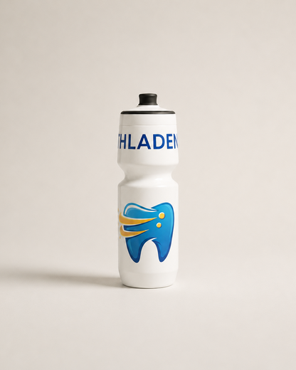 White water bottle with blue and yellow design on a beige background