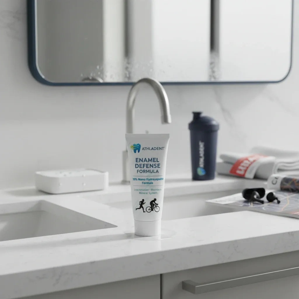 Tube of Athlended Enamel Defense Formula on a bathroom counter with a mirror in the background
