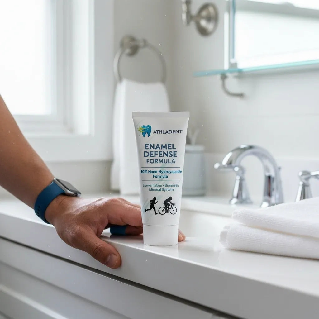 Tube of Athlidental Enamel Defense Formula on a bathroom counter