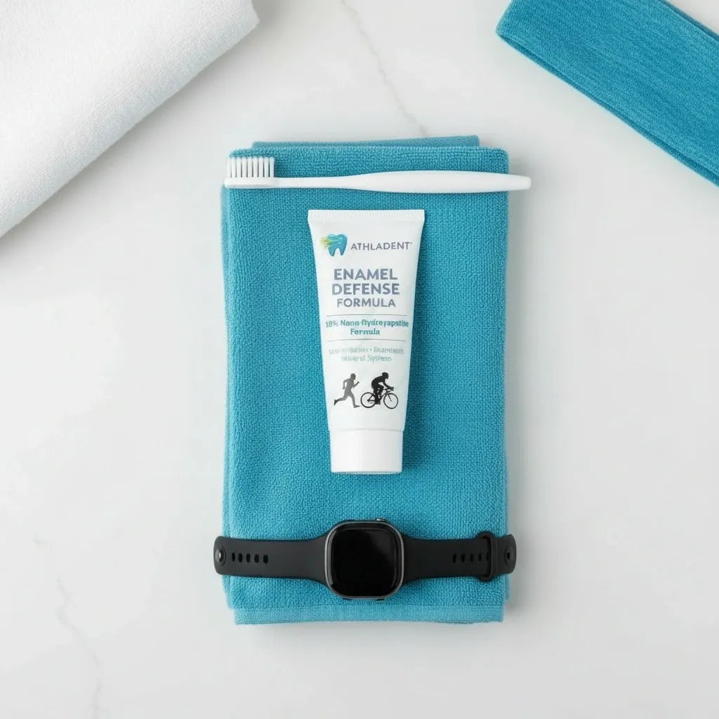 Tube of Enamel Defense Formula on a blue towel with a black smartwatch below